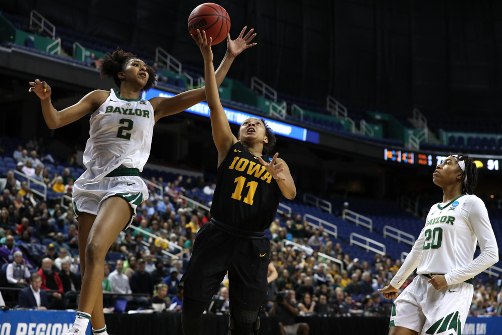 Iowa Hawkeyes guard Tania Davis (11) against the Baylor Lady Bears in the regional final of the 2019 NCAA Women's College Basketball Tournament Monday, April 1, 2019 at Greensboro Coliseum in Greensboro, NC.(Brian Ray/hawkeyesports.com)