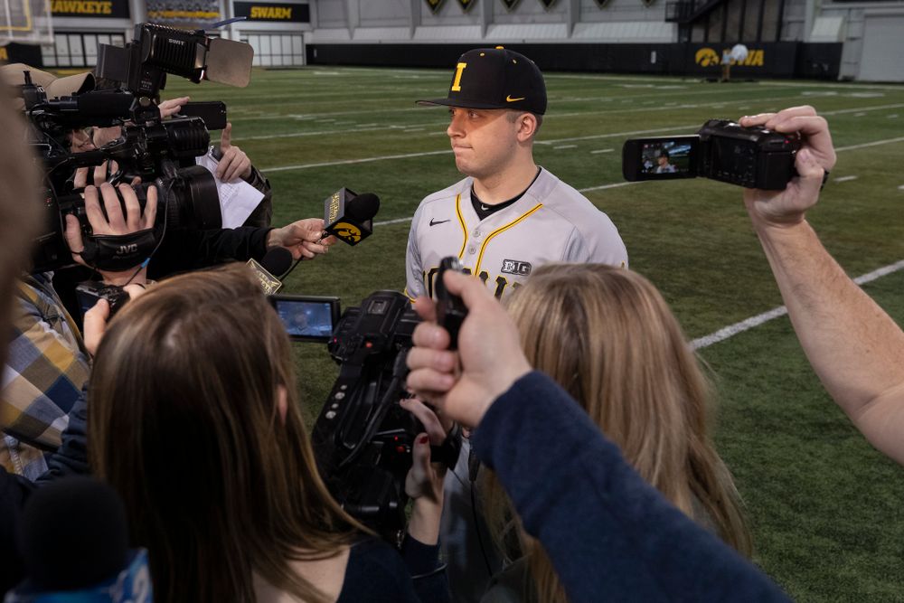 Iowa Hawkeyes Cole McDonald (11) answers questions from reporters during the team's annual media day Tuesday, February 5, 2019 in the Indoor Practice Facility. (Brian Ray/hawkeyesports.com)