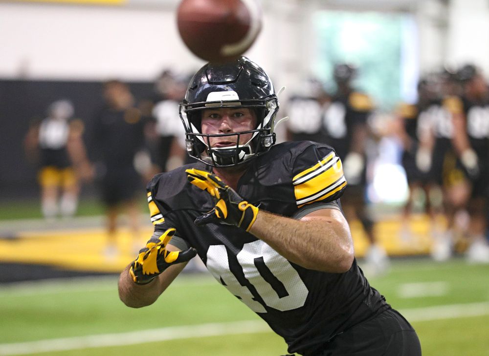 Iowa Hawkeyes fullback Turner Pallissard (40) pulls in a pass during Fall Camp Practice No. 9 at the Hansen Football Performance Center in Iowa City on Monday, Aug 12, 2019. (Stephen Mally/hawkeyesports.com)