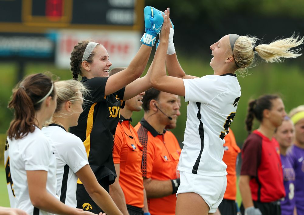 Iowa Hawkeyes goalkeeper Claire Graves (1) and forward Jenny Cape (19) during a 6-1 win over Northern Iowa Sunday, August 25, 2019 at the Iowa Soccer Complex. (Brian Ray/hawkeyesports.com)