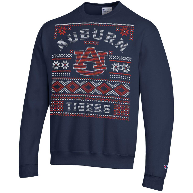 Auburn Tigers Holiday Mascot Powerblend Ugly Sweater Crew Sweatshirt Navy Men at au Team Store