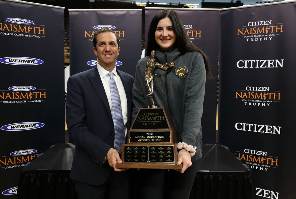 Iowa Hawkeyes forward Megan Gustafson (10) with the Naismith Player Of The Year Trophy during the teamÕs Celebr-Eight event Wednesday, April 24, 2019 at Carver-Hawkeye Arena. (Brian Ray/hawkeyesports.com)