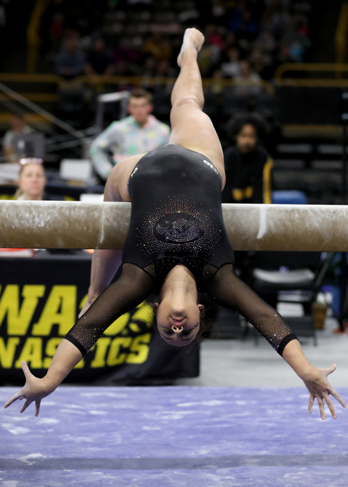 Iowa’s Dani Castillo competes on the beam against Michigan Friday, February 14, 2020 at Carver-Hawkeye Arena. (Brian Ray/hawkeyesports.com)