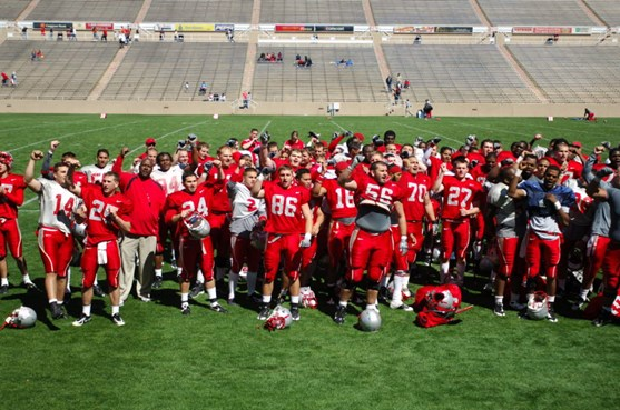 The Lobos sang the fight song to the fans following the scrimmage.