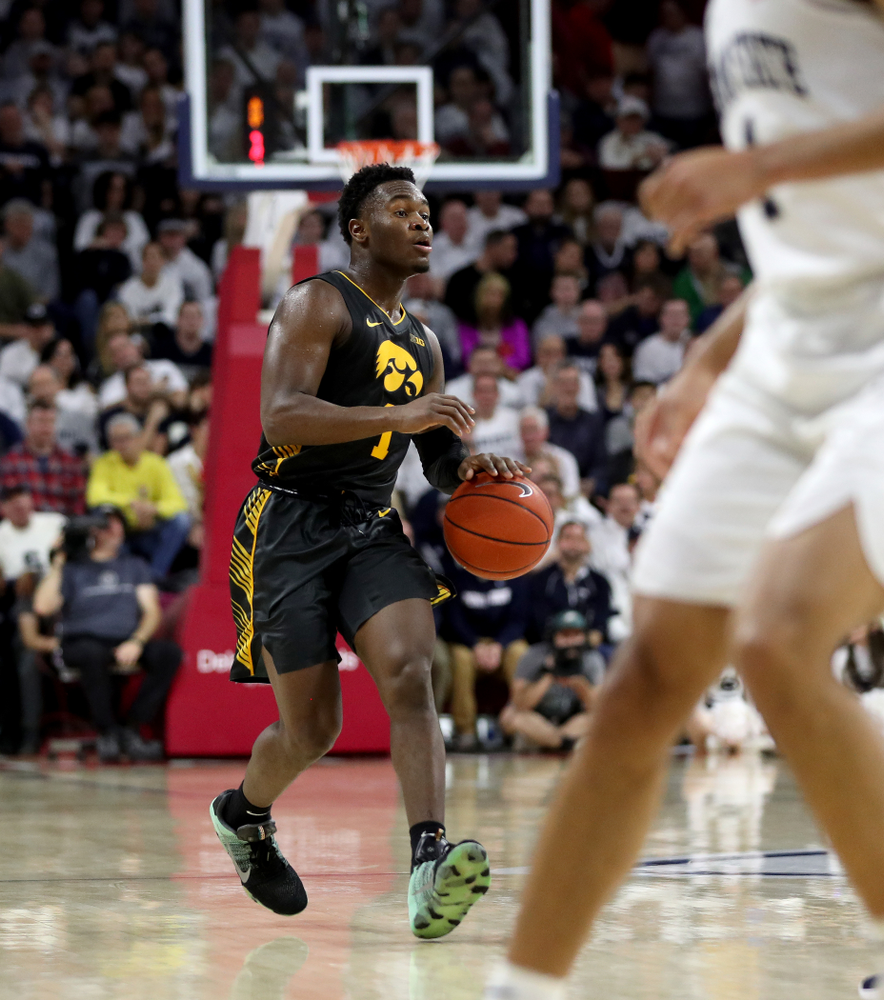 Iowa Hawkeyes guard Joe Toussaint (1) against Penn State Saturday, January 4, 2020 at the Palestra in Philadelphia. (Brian Ray/hawkeyesports.com)