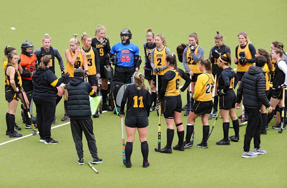 Iowa head coach Lisa Cellucci talks with her team during their practice at Karen Shelton Stadium in Chapel Hill, N.C. on Thursday, Nov 14, 2019. (Stephen Mally/hawkeyesports.com)