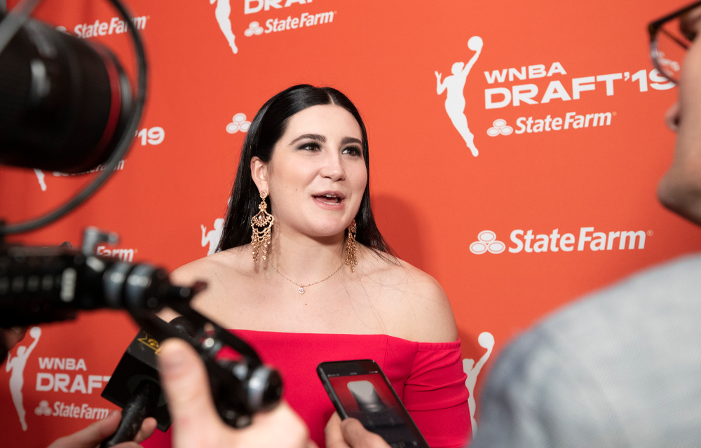 Iowa Hawkeyes forward Megan Gustafson (10) after being selected by the Dallas Wings in the second round of the 2019 WNBA Draft Wednesday, April 10, 2019 at Nike New York Headquarters in New York City. (Brian Ray/hawkeyesports.com)