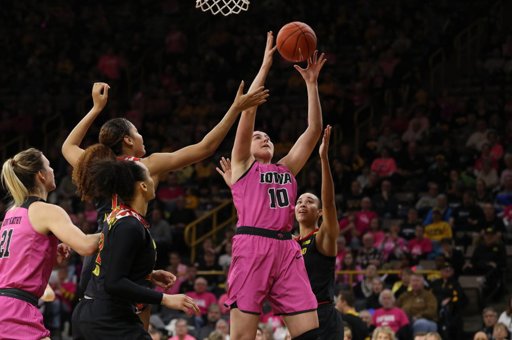 Iowa Hawkeyes forward Megan Gustafson (10) against the seventh ranked Maryland Terrapins Sunday, February 17, 2019 at Carver-Hawkeye Arena. (Brian Ray/hawkeyesports.com)