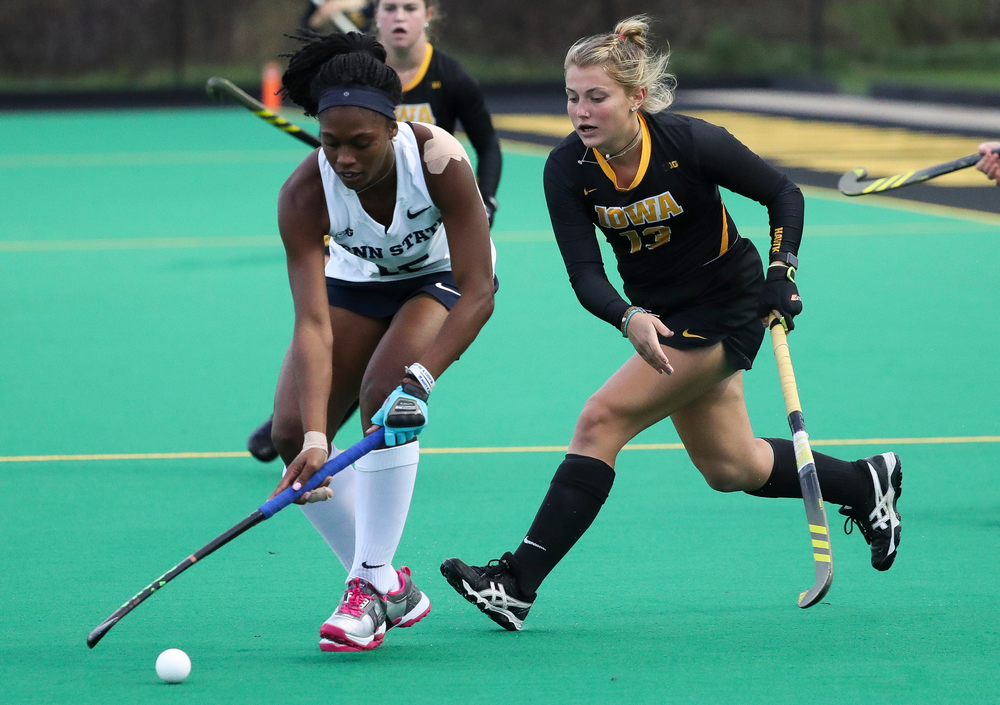 Iowa Hawkeyes forward Leah Zellner (13) defends during a game against No. 6 Penn State at Grant Field on October 12, 2018. (Tork Mason/hawkeyesports.com)