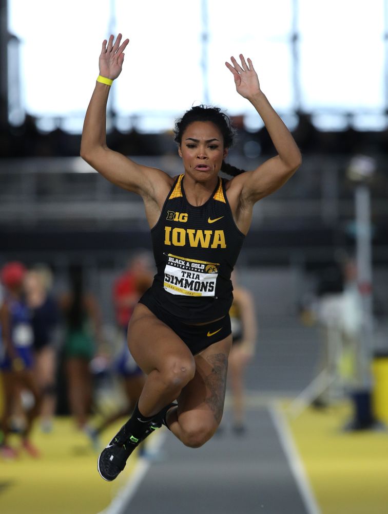 Iowa's Tria Simmons competes in the long jump during the Black and Gold Premier meet Saturday, January 26, 2019 at the Recreation Building. (Brian Ray/hawkeyesports.com)