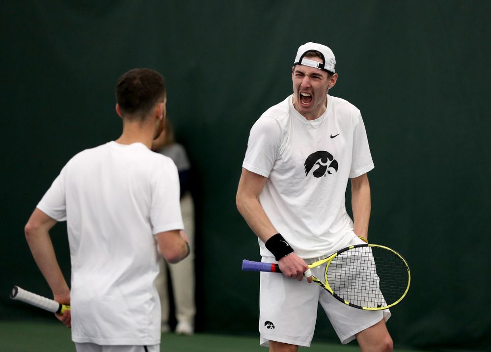 Iowa’s Karem Allaf and Nikita Snezhko play a doubles match against Cornell Sunday, March 8, 2020 at the Hawkeye Tennis and Recreation Center. (Brian Ray/hawkeyesports.com)