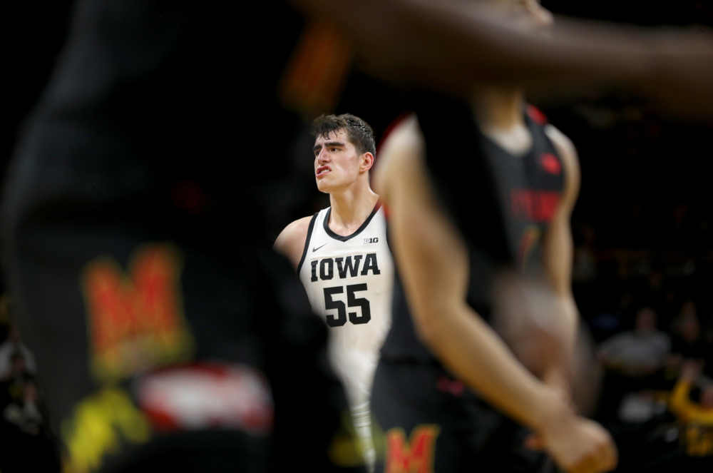 Iowa Hawkeyes forward Luka Garza (55) celebrates a three point basket against the Maryland Terrapins Friday, January 10, 2020 at Carver-Hawkeye Arena. (Brian Ray/hawkeyesports.com)