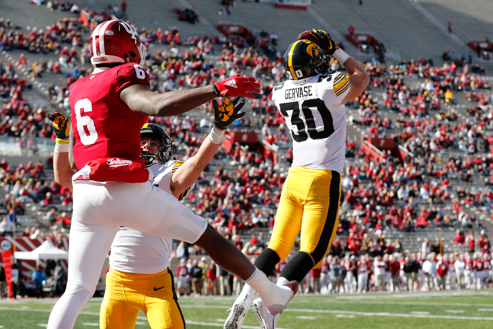 Iowa Hawkeyes defensive back Jake Gervase (30) against the Indiana Hoosiers Saturday, October 13, 2018 at Memorial Stadium, in Bloomington, Ind. (Brian Ray/hawkeyesports.com)