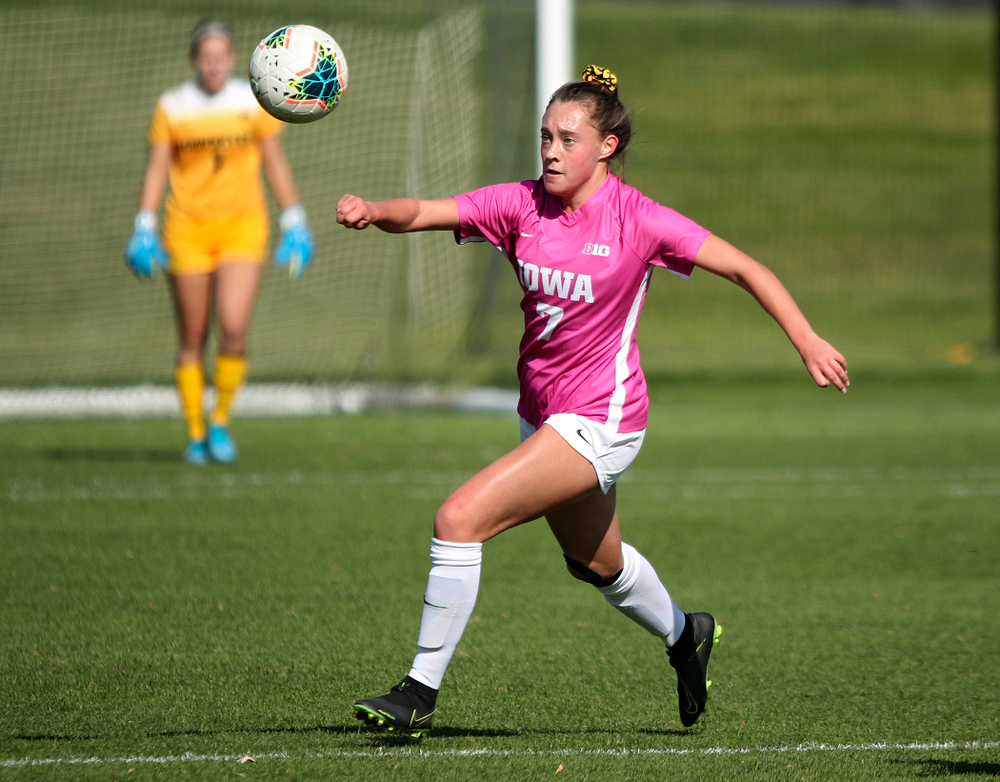 Iowa forward Skylar Alward (7) eyes the ball during the first half of their match at the Iowa Soccer Complex in Iowa City on Sunday, Oct 27, 2019. (Stephen Mally/hawkeyesports.com)