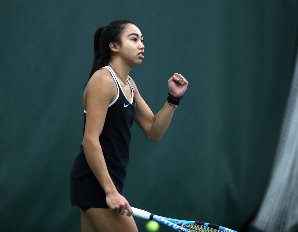 Iowa's Michelle Bacalla and Cloe Ruettte play a doubles match against the Penn State Nittany Lions Sunday, February 24, 2019 at the Hawkeye Tennis and Recreation Complex. (Brian Ray/hawkeyesports.com)