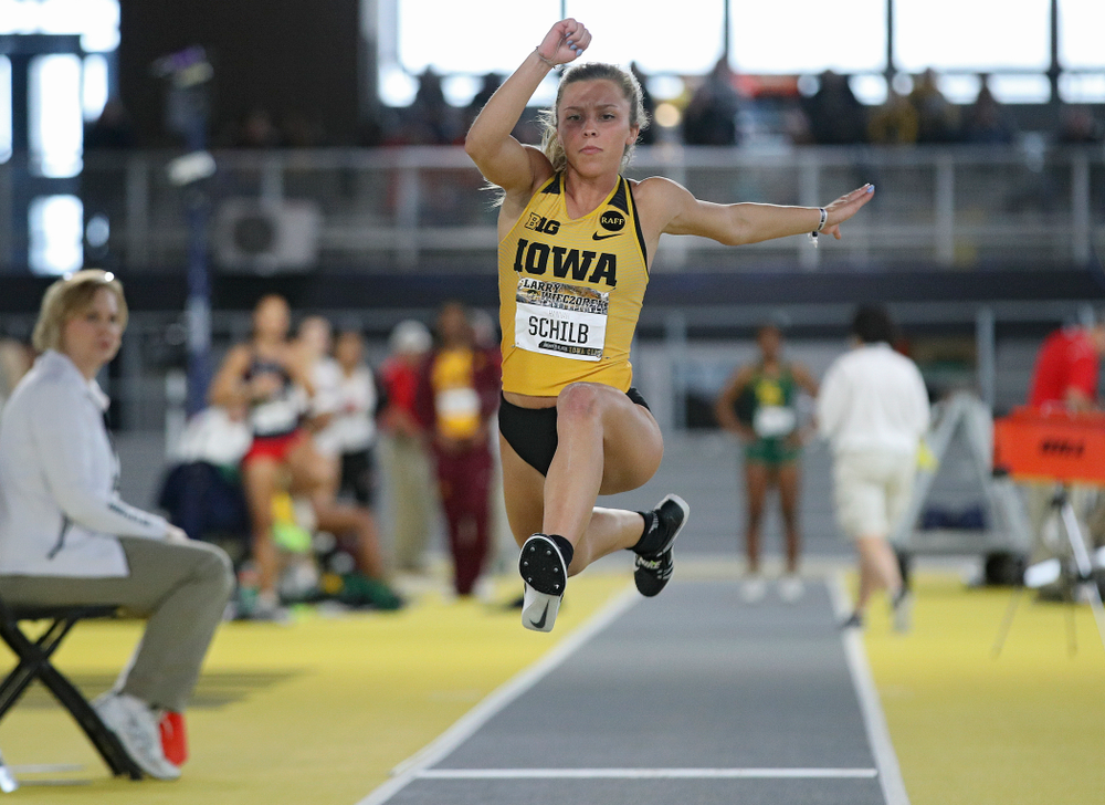 Iowa’s Hannah Schilb competes in the women’s triple jump event during the Larry Wieczorek Invitational at the Recreation Building in Iowa City on Saturday, January 18, 2020. (Stephen Mally/hawkeyesports.com)