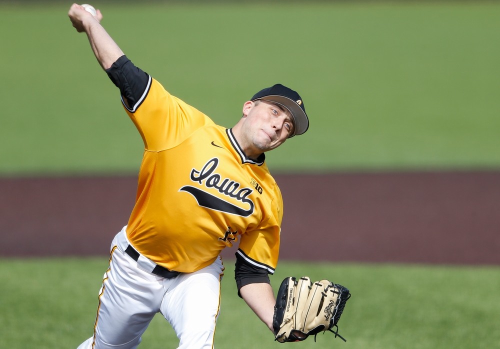 Iowa Hawkeyes pitcher Cole McDonald (11) pitches during a game against Evansville at Duane Banks Field on March 18, 2018. (Tork Mason/hawkeyesports.com)