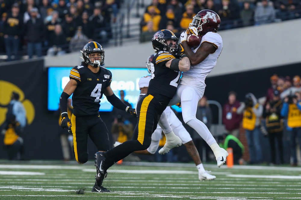 Iowa Hawkeyes defensive back Dane Belton (4) Iowa Hawkeyes defensive back Jack Koerner (28) during Iowa football vs Minnesota on Saturday, November 16, 2019 at Kinnick Stadium. (Lily Smith/hawkeyesports.com)