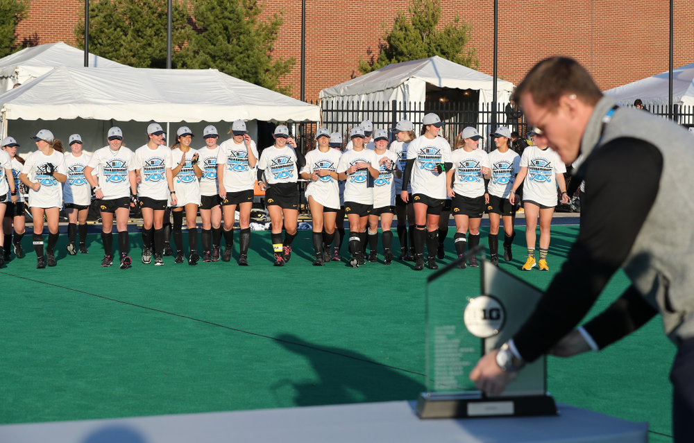 The Iowa Hawkeyes celebrate their victory over Penn State in the 2019 Big Ten Field Hockey Tournament Championship Game Sunday, November 10, 2019 in State College. (Brian Ray/hawkeyesports.com)