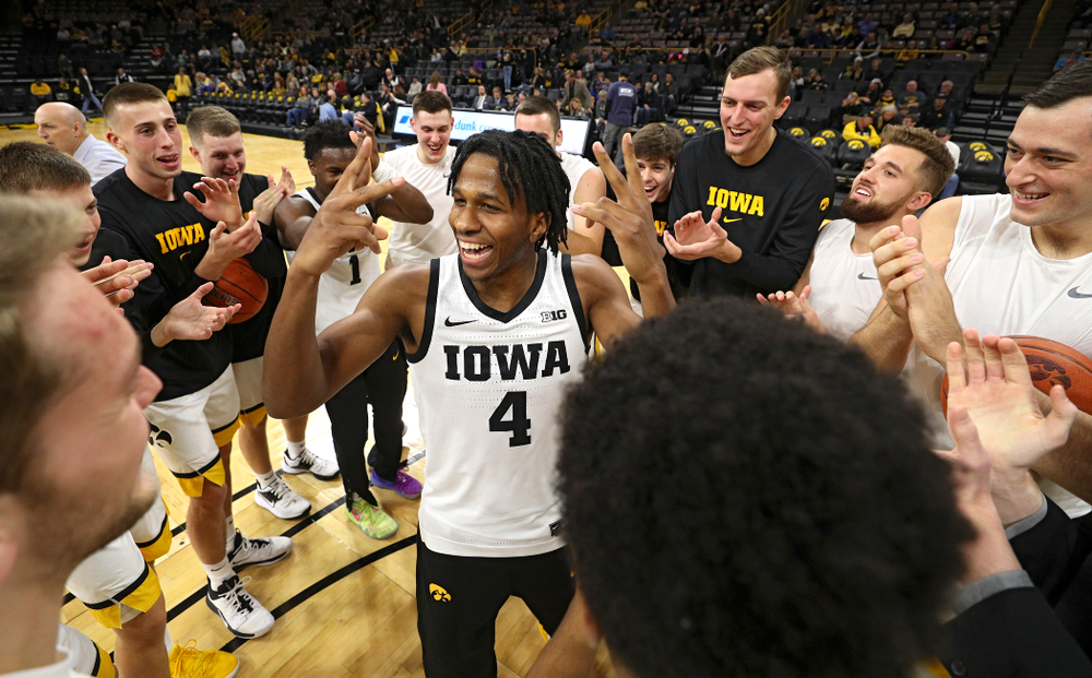 Iowa Hawkeyes guard Bakari Evelyn (4) huddles with his team before their game at Carver-Hawkeye Arena in Iowa City on Friday, Nov 8, 2019. (Stephen Mally/hawkeyesports.com)