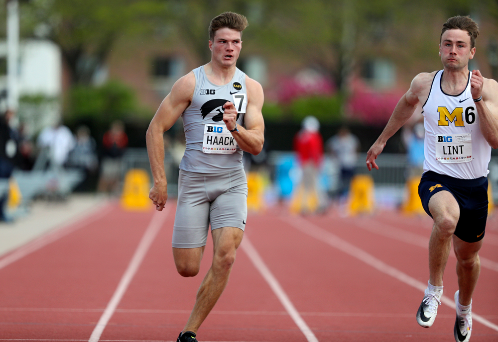Iowa's Peyton Haack runs the 100 meter dash during the men's decathlon event on the first day of the Big Ten Outdoor Track and Field Championships at Francis X. Cretzmeyer Track in Iowa City on Friday, May. 10, 2019. (Stephen Mally/hawkeyesports.com)