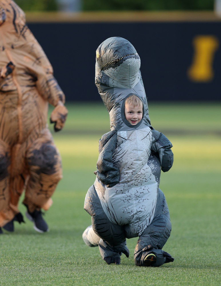 Connor Gorzelanny runs the dinosaur race during the Iowa Hawkeyes game against the Michigan State Spartans Friday, May 10, 2019 at Duane Banks Field. (Brian Ray/hawkeyesports.com)