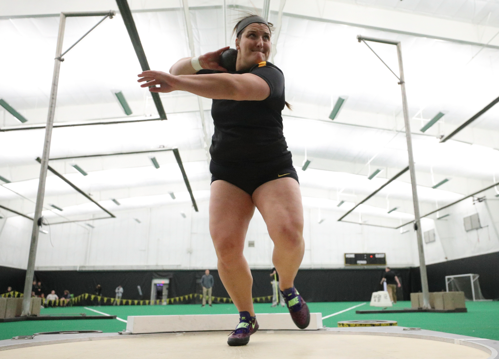 Iowa’s Jamie Kofron throws in the women’s shot put event during the Larry Wieczorek Invitational at the Hawkeye Tennis and Recreation Complex in Iowa City on Friday, January 17, 2020. (Stephen Mally/hawkeyesports.com)