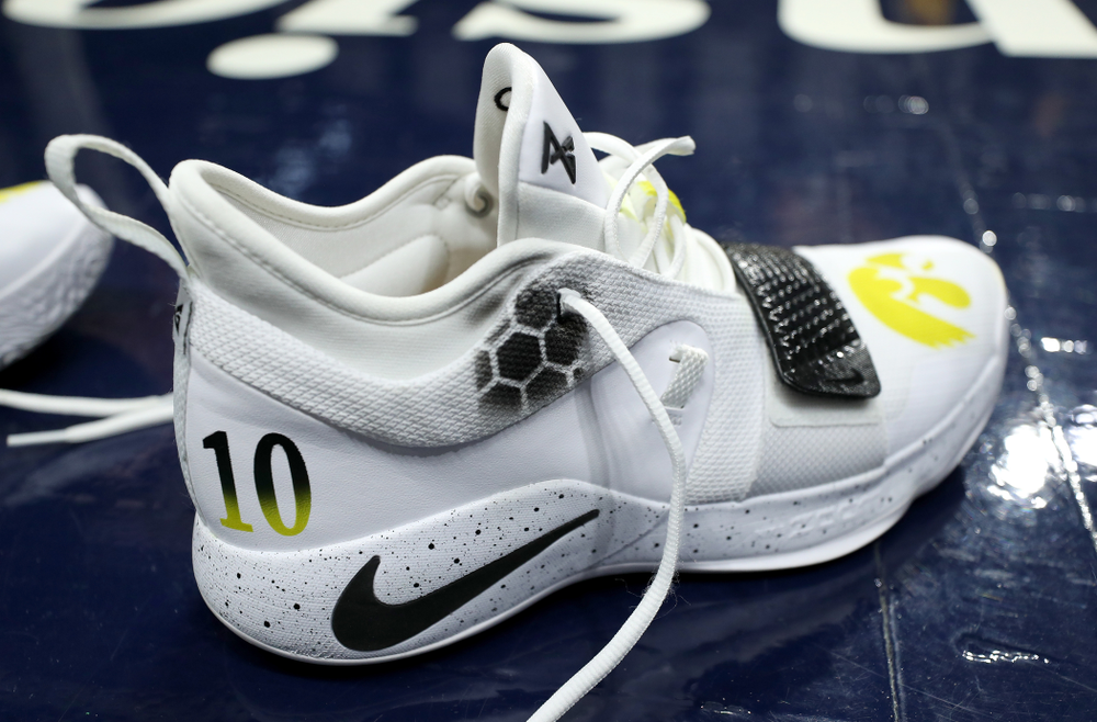 Iowa Hawkeyes guard Joe Wieskamp (10) sports custom painted shoes during practice at Hinkle Fieldhouse Wednesday, March 11, 2020 in Indianapolis. (Brian Ray/hawkeyesports.com)
