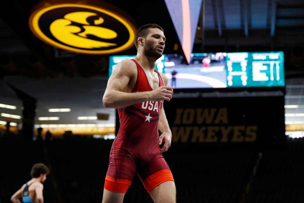 Thomas Gilman during session three of the United World Wrestling Freestyle World Cup Sunday, April 8, 2018 at Caver-Hawkeye Arena. (Brian Ray/hawkeyesports.com)