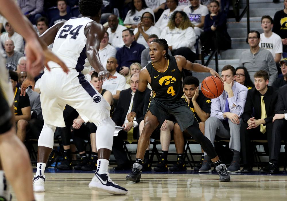 Iowa Hawkeyes guard Bakari Evelyn (4) against Penn State Saturday, January 4, 2020 at the Palestra in Philadelphia. (Brian Ray/hawkeyesports.com)