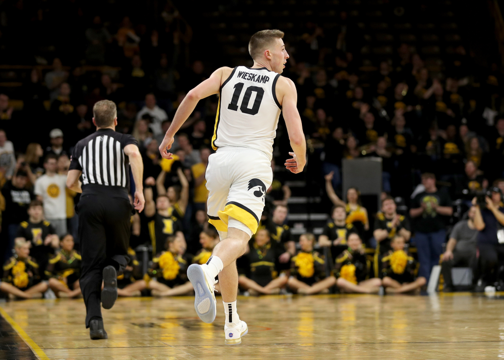 Iowa Hawkeyes guard Joe Wieskamp (10) celebrates a three point basket against the Maryland Terrapins Friday, January 10, 2020 at Carver-Hawkeye Arena. (Brian Ray/hawkeyesports.com)