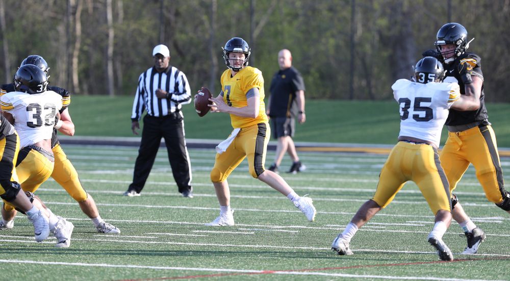 Iowa Hawkeyes quarterback Spencer Petras (7) during the teamÕs final spring practice Friday, April 26, 2019 at the Kenyon Football Practice Facility. (Brian Ray/hawkeyesports.com)