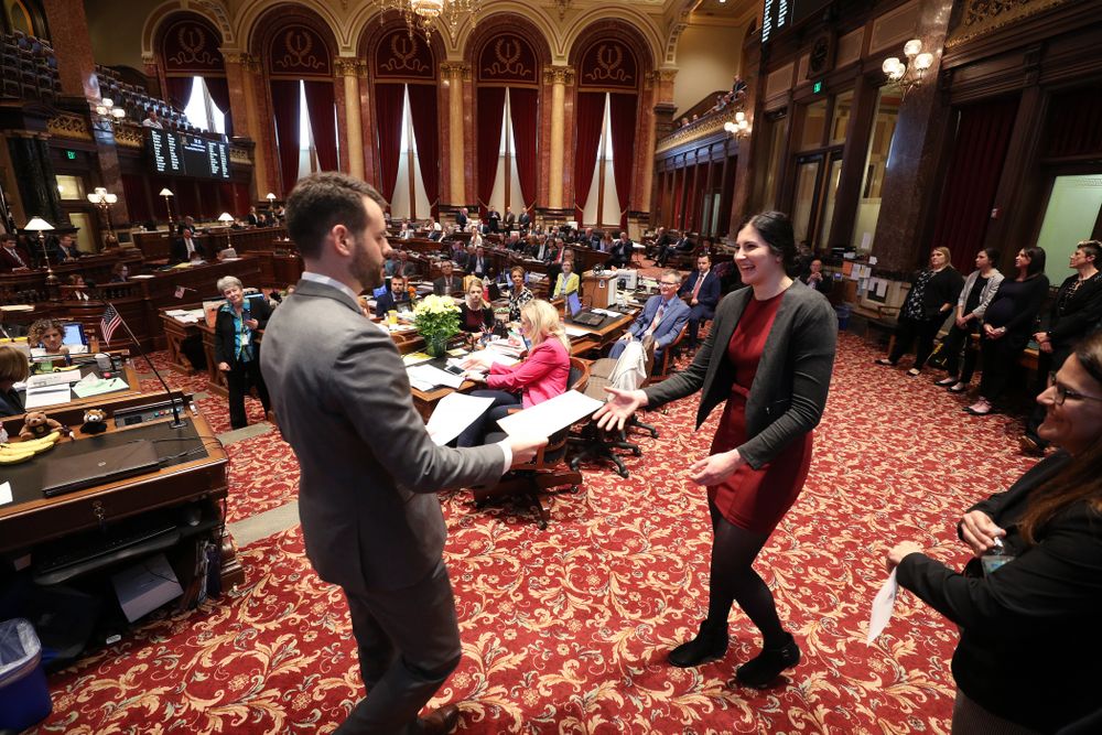 Iowa WomenÕs BasketballÕs Megan Gustafson is recognized with a resolution by the house and the senate at the Iowa State Capitol Wednesday, April 24, 2019 in Des Moines. (Brian Ray/hawkeyesports.com)