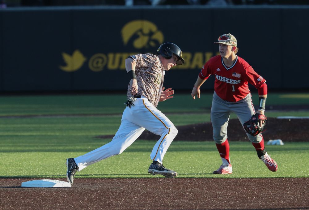 Iowa Hawkeyes Chris Whelan (28) against the Nebraska Cornhuskers on Military Appreciation Night Friday, April 19, 2019 at Duane Banks Field. (Brian Ray/hawkeyesports.com)