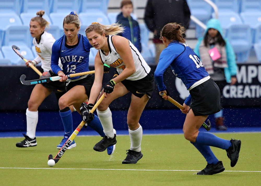 Iowa’s Ellie Holley (7) moves with the ball during the first quarter of their NCAA Tournament First Round match against Duke at Karen Shelton Stadium in Chapel Hill, N.C. on Friday, Nov 15, 2019. (Stephen Mally/hawkeyesports.com)