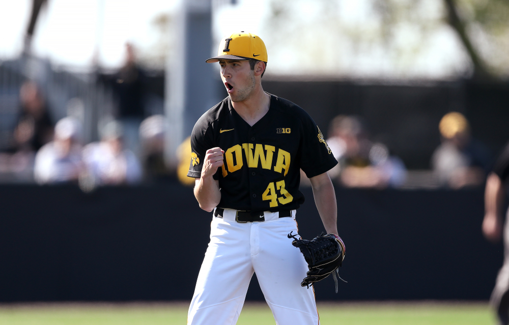Iowa Hawkeyes Grant Leonard (43) reacts after recording the final out during game two against UC Irvine Saturday, May 4, 2019 at Duane Banks Field. (Brian Ray/hawkeyesports.com)