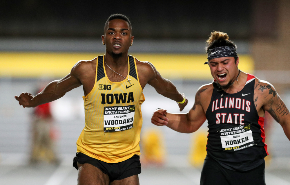 Iowa's Antonio Woddard wins the 60-meter dash during the Jimmy Grant Invitational Saturday, December 8, 2018 at the Recreation Building. (Brian Ray/hawkeyesports.com)