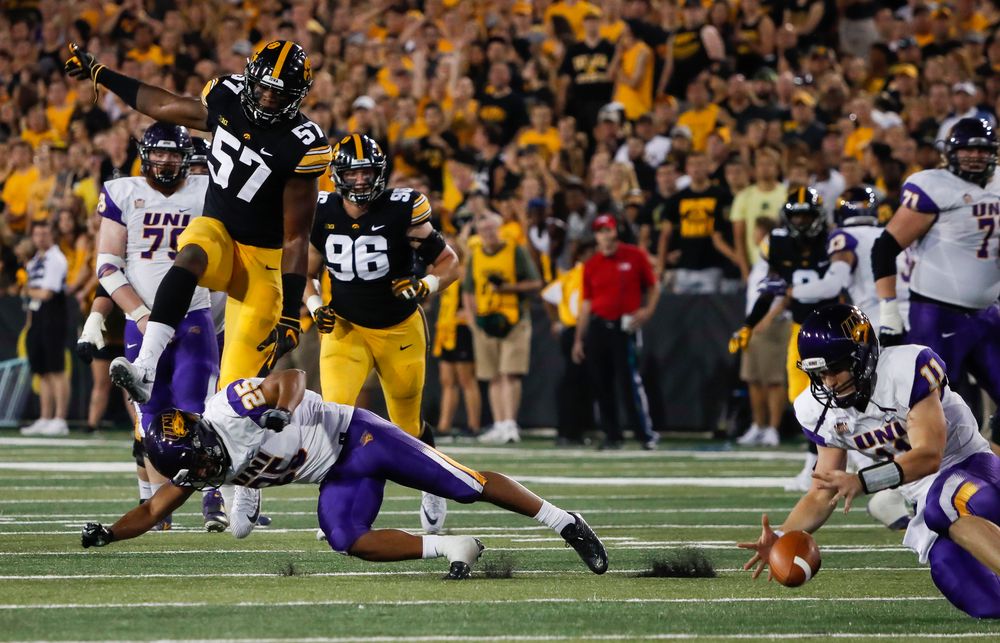 Iowa Hawkeyes defensive end Chauncey Golston (57) rushes the quarterback during a game against Northern Iowa at Kinnick Stadium on September 15, 2018. (Tork Mason/hawkeyesports.com)