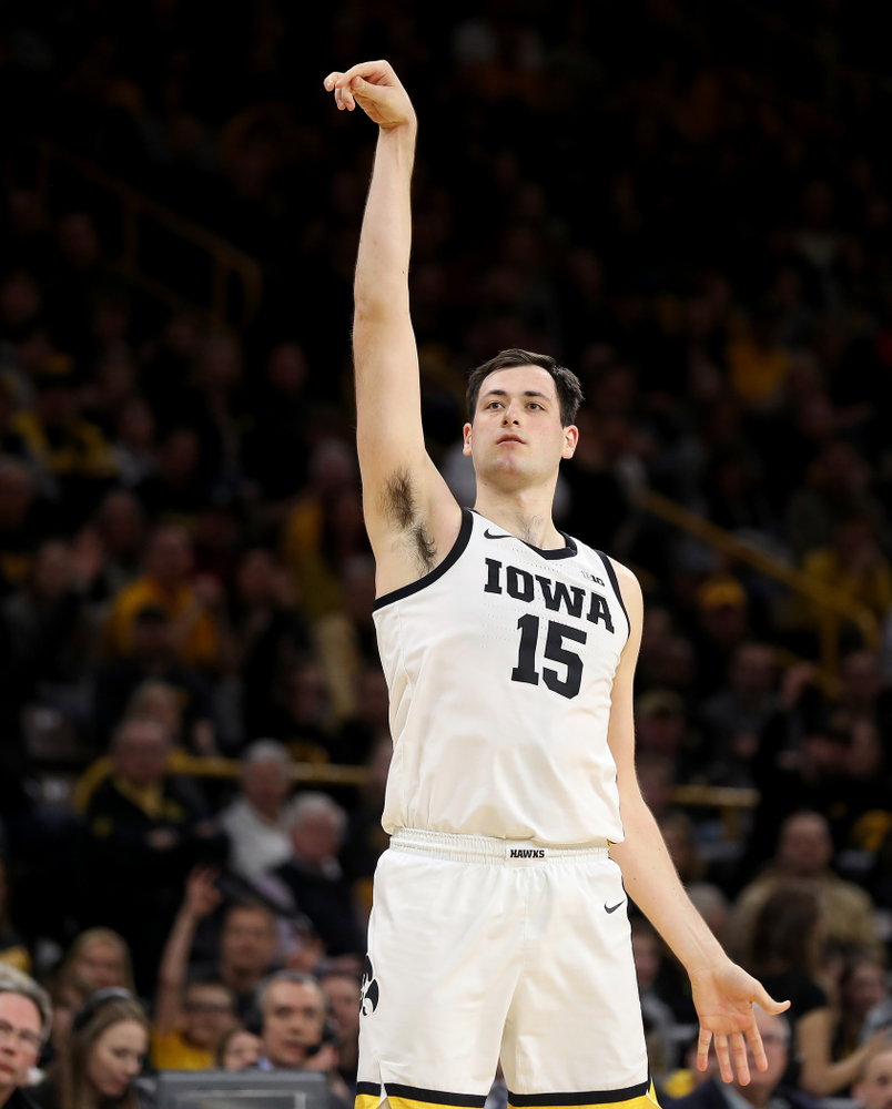 Iowa Hawkeyes forward Ryan Kriener (15) against the Purdue Boilermakers Tuesday, March 3, 2020 at Carver-Hawkeye Arena. (Brian Ray/hawkeyesports.com)