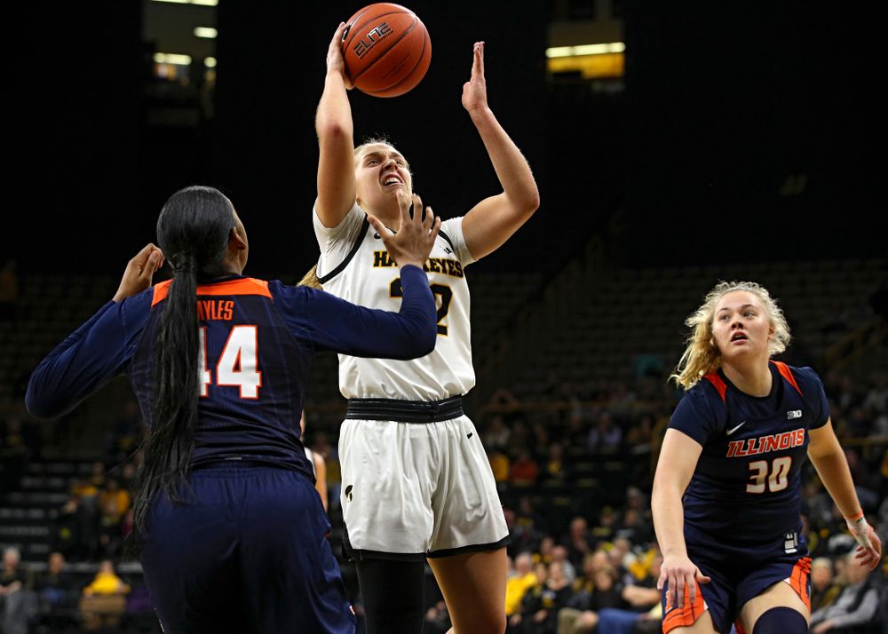 Iowa Hawkeyes guard Kathleen Doyle (22) scores a basket during the second quarter of their game at Carver-Hawkeye Arena in Iowa City on Tuesday, December 31, 2019. (Stephen Mally/hawkeyesports.com)