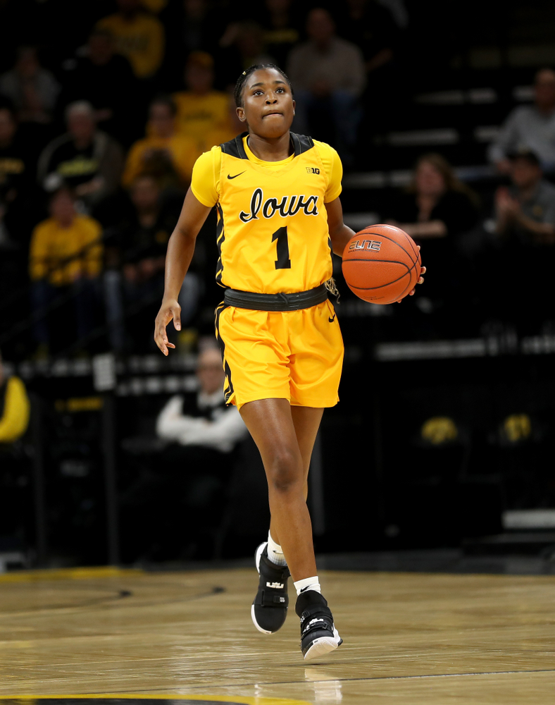 Iowa Hawkeyes guard Tomi Taiwo (1) against the Minnesota Golden Gophers Thursday, February 27, 2020 at Carver-Hawkeye Arena. (Brian Ray/hawkeyesports.com)