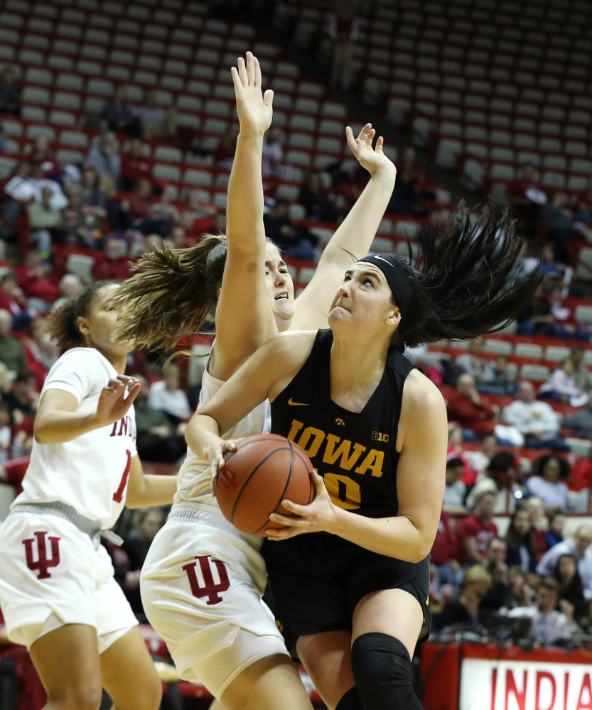 Iowa Hawkeyes forward Megan Gustafson (10) against the Indiana Hoosiers Thursday, February 21, 2019 at Simon Skjodt Assembly Hall. (Brian Ray/hawkeyesports.com)