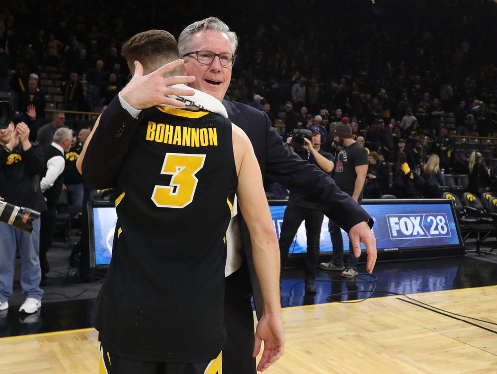 Iowa Hawkeyes guard Jordan Bohannon (3) and head coach Fran McCaffery against the Indiana Hoosiers Friday, February 22, 2019 at Carver-Hawkeye Arena. (Brian Ray/hawkeyesports.com)