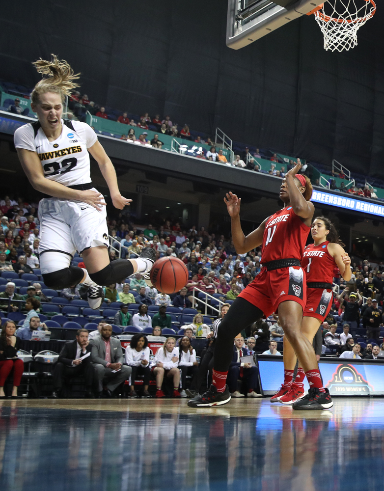 Iowa Hawkeyes guard Kathleen Doyle (22) against the NC State Wolfpack in the regional semi-final of the 2019 NCAA Women's College Basketball Tournament Saturday, March 30, 2019 at Greensboro Coliseum in Greensboro, NC.(Brian Ray/hawkeyesports.com)