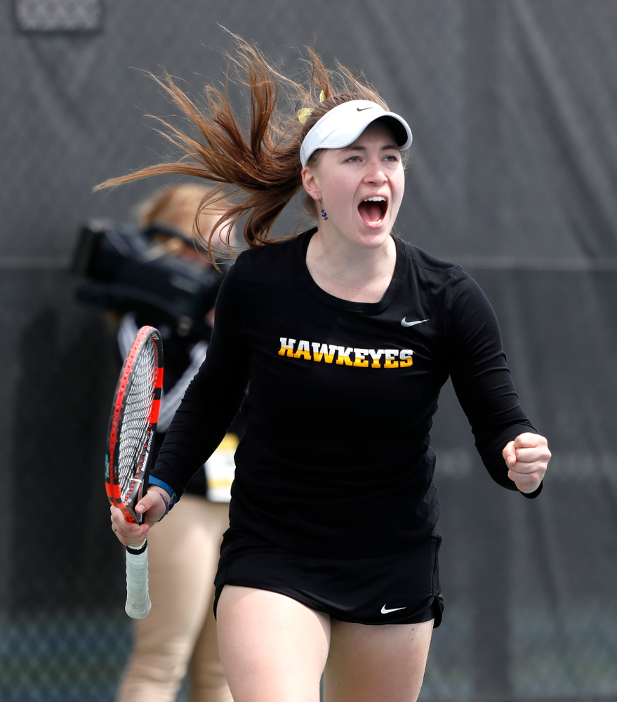 Elise Van Heuvelen and Anastasia Reimchen play a doubles match against the Wisconsin Badgers Sunday, April 22, 2018 at the Hawkeye Tennis and Recreation Center. (Brian Ray/hawkeyesports.com)