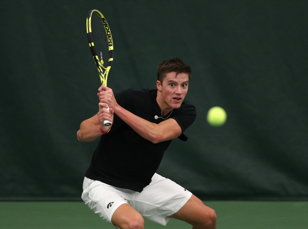 Joe Tyler against Utah Sunday, February 10, 2019 at the Hawkeye Tennis and Recreation Complex. (Brian Ray/hawkeyesports.com)