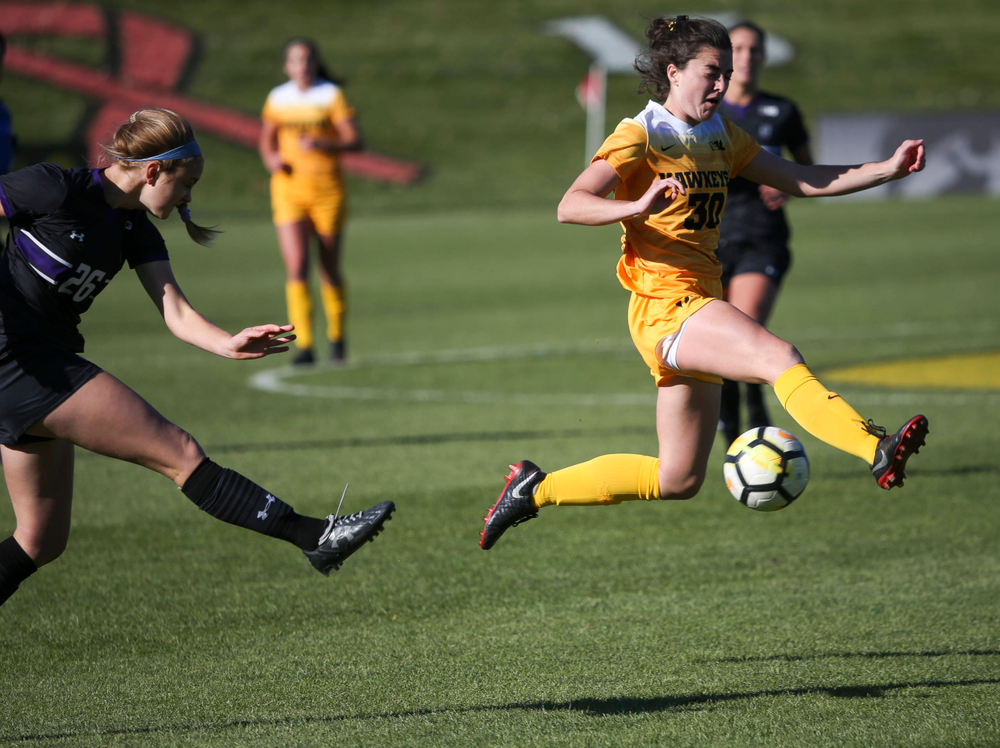 Iowa Hawkeyes forward Devin Burns (30) defends during a game against Northwestern at the Iowa Soccer Complex on October 21, 2018. (Tork Mason/hawkeyesports.com)