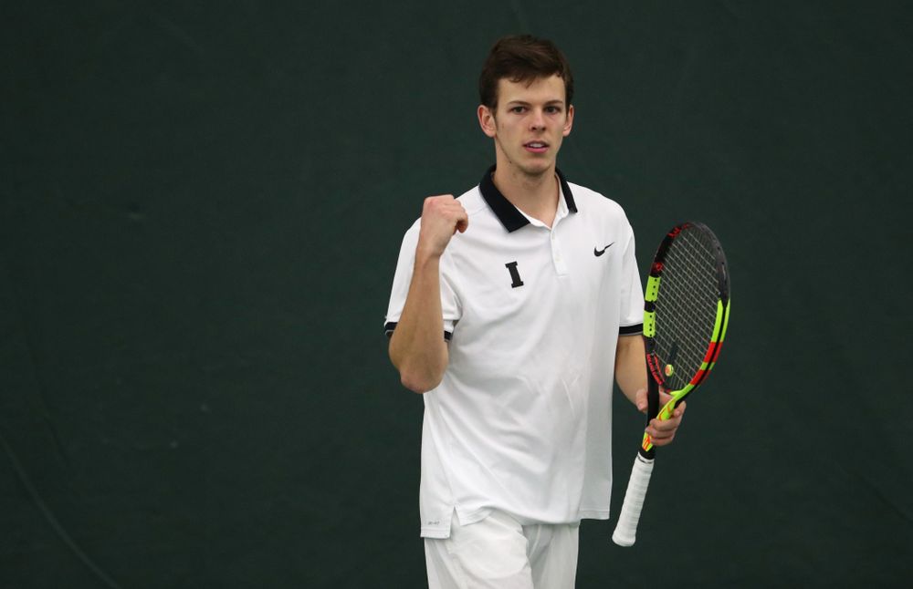 Iowa's Piotr Smietana against North Dakota Friday, January 25, 2019 at the Hawkeye Tennis and Recreation Complex. (Brian Ray/hawkeyesports.com)