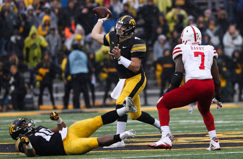 Iowa Hawkeyes quarterback Nate Stanley (4) passes the ball during a game against Nebraska at Kinnick Stadium on November 23, 2018. (Tork Mason/hawkeyesports.com)