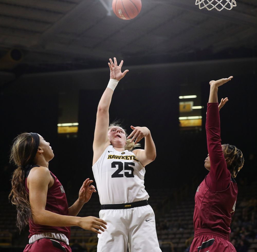 Iowa Hawkeyes forward Monika Czinano (25) puts up a shot during a game against North Carolina Central at Carver-Hawkeye Arena on November 17, 2018. (Tork Mason/hawkeyesports.com)